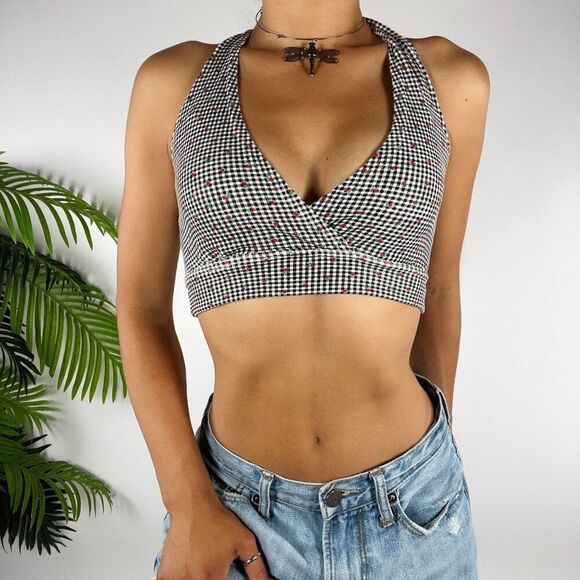 Vintage Y2K Plaid Cottagecore Dark Coquette Bralette Crop Halter Top / M - Picture 3 of 6
